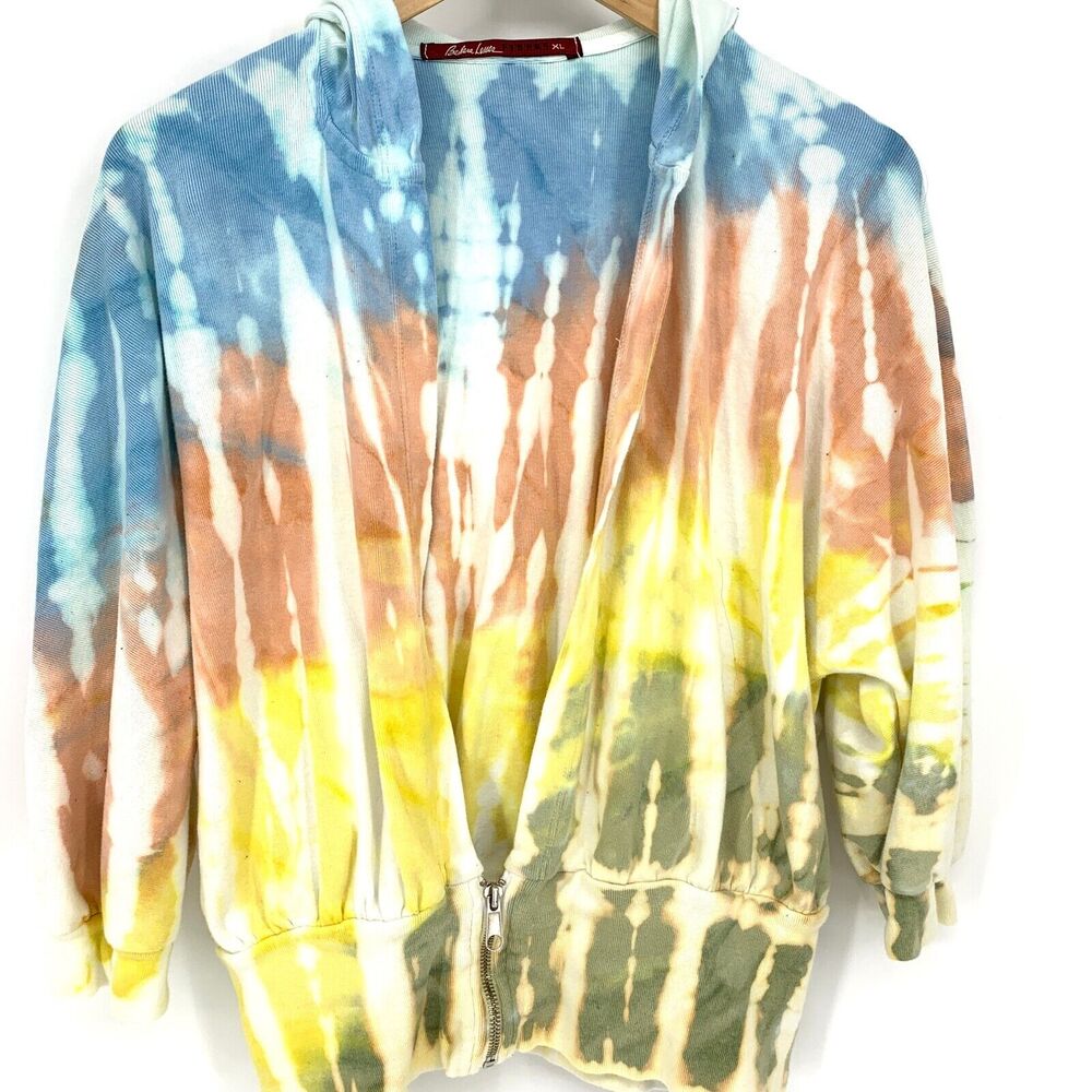 Barbara Lesser Fibers Tie Dye T Shirt Hoodie Low Zip Front XL